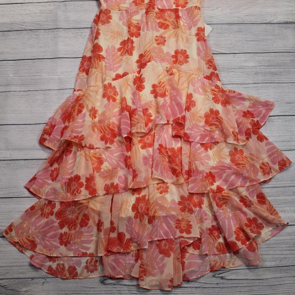 Lulus Cream & Hues of Pink Chiffon Maxi Dress Women's Floral Ruffled Size L - Picture 9 of 13